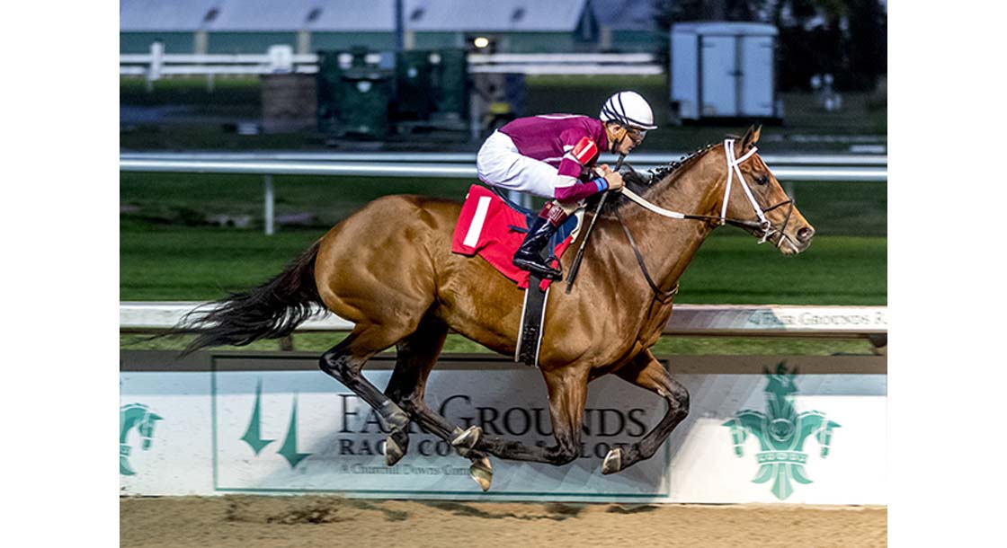 12/26/2021 - Epicenter with jockey Brian Hernandez, Jr. aboard wins the inaugural running of the $100,000 Gun Runner Stakes at Fair Grounds. Hodges Photography / Lou Hodges, Jr.